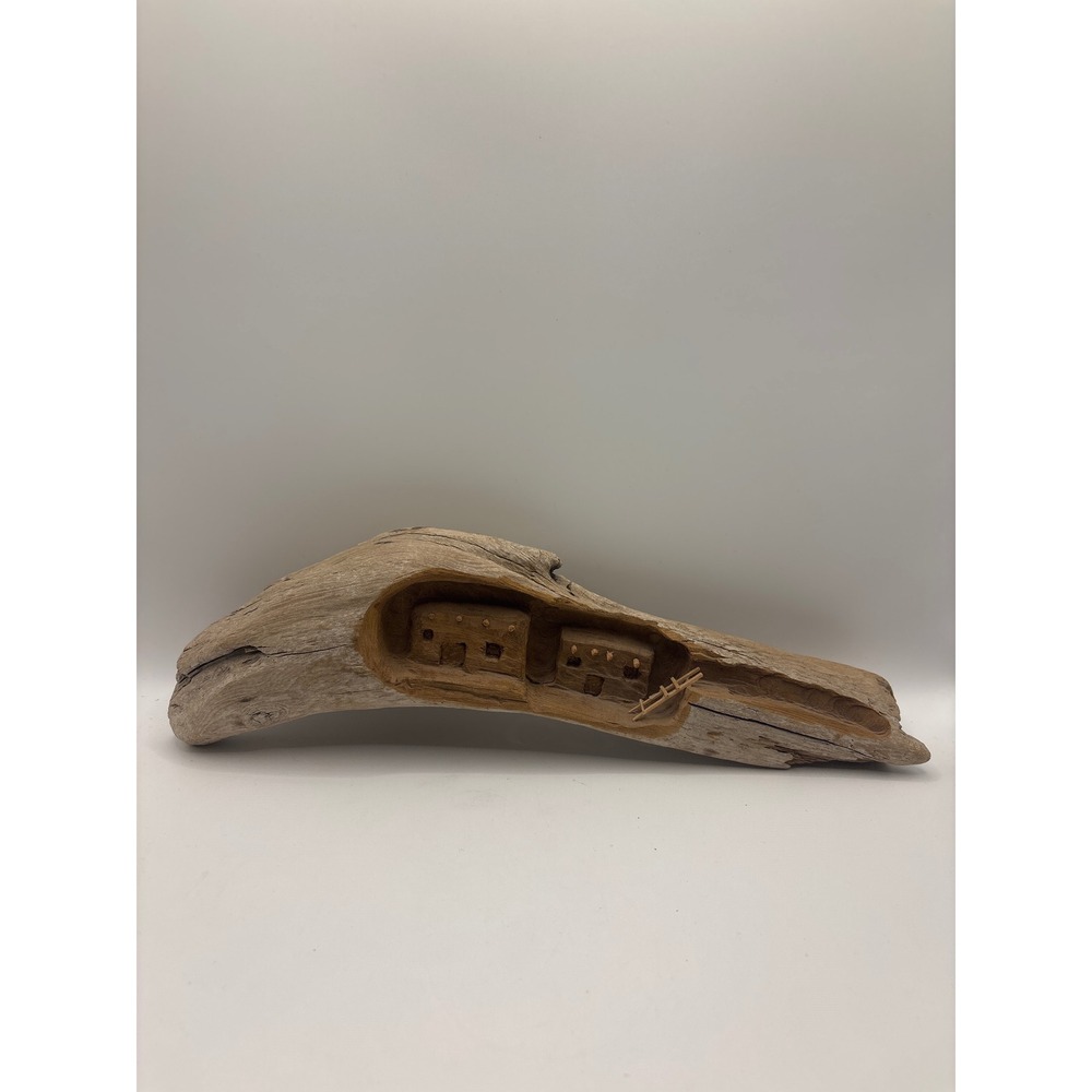 Hand Carved Driftwood Pueblo Sculpture Southwestern Folk Art Adobe Village Decor